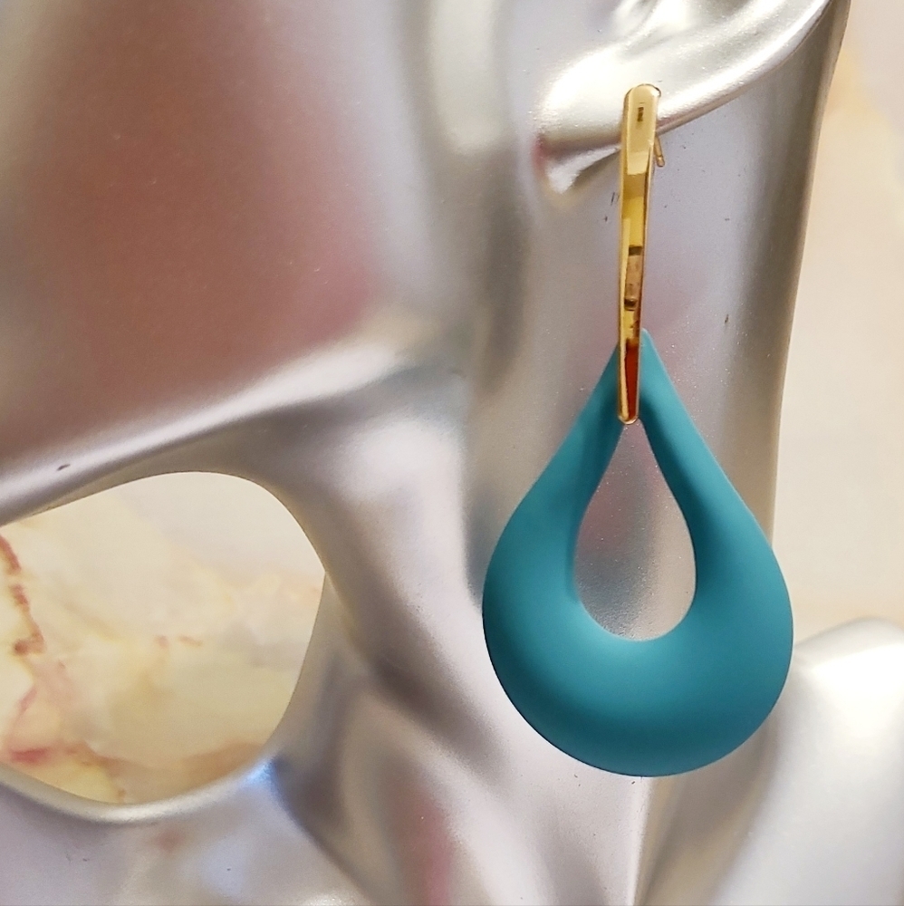 NWT Gold Bar 90s Inspired Cyan Blue Teardrop Large Gold Earrings - Picture 5 of 15